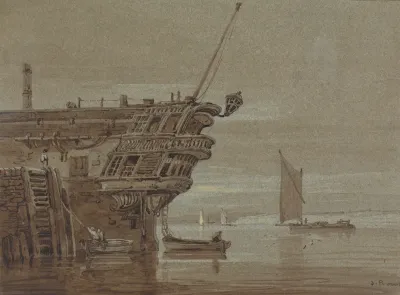 An East Indiaman Moored Small Boats Alongside Other Boats Further Off