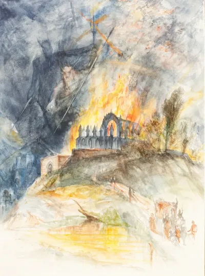 An Ecclesiastic Building In Flames With Demons Above