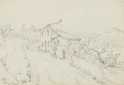 An Einem Haus Vorbeifuhrende Landstrase Im Hintergrund San Miniato Al Monte In Florenz