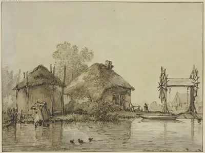 An Einem Kanal Ein Haus Mit Scheune Und Eine Schleuse Mit Zwei Radern