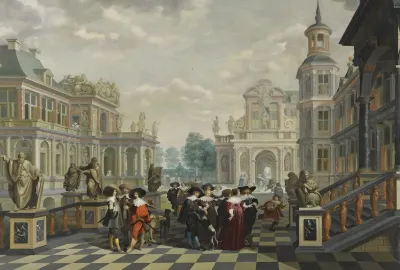 An Elaborate Palace Courtyard With Elegant Company Proceeding Towards A Great Staircase