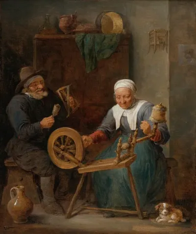 An Elderly Couple Spinning Wool In An Interior