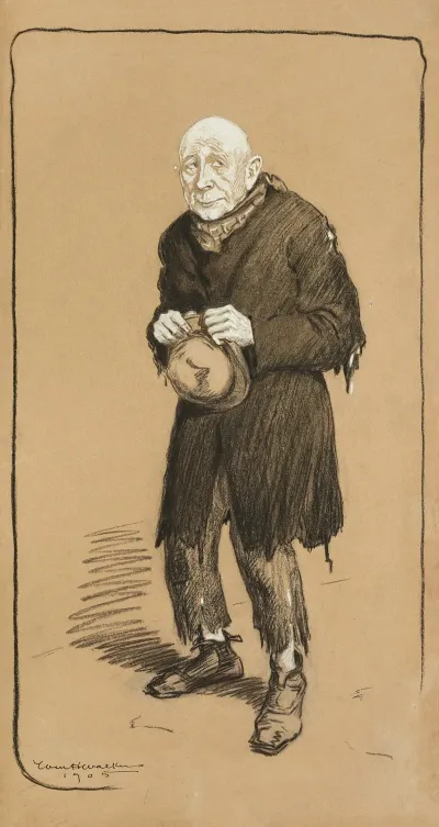 An Elderly Man Dressed In Ragged Clothes With His Hat In His Hand
