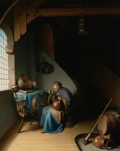 An Elderly Woman Seated By A Window At Her Spinning Wheel Eating Porridge