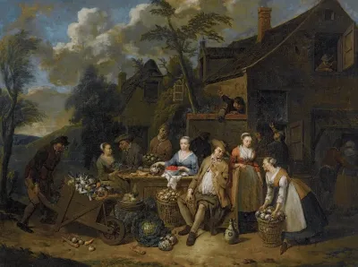 An Elegant Company In A Landscape Amongst Different Fruits And Vegetables A Man With A Wheelbarrow Entering From The Left