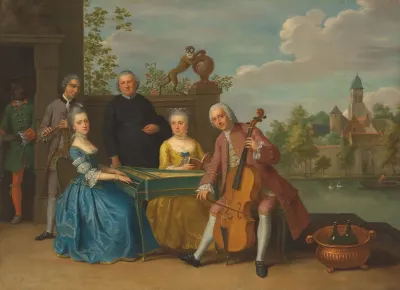 An Elegant Company Traditionally Identified As The Wedding Of Jacob Johannes Cremers All Seated And Making Music On A Terrace