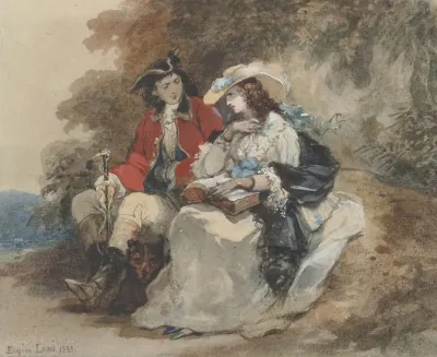 An Elegant Couple Resting In A Wooded Landscape