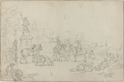 An Elegant Hunting Party Resting By A Fountain