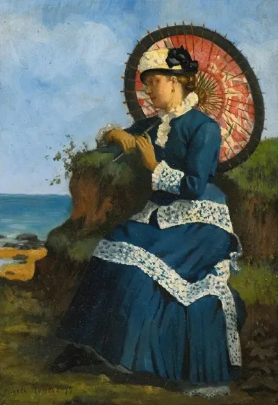 An Elegant Lady By The Shore With A Pink Parasol