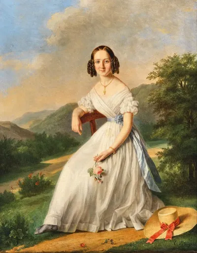 An Elegant Lady With Florentine Hat In A Landscape