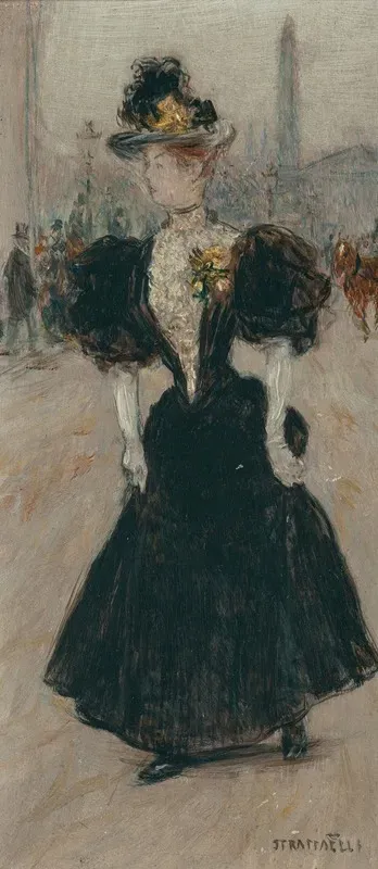 An Elegant Young Lady Crossing The Place De La Concord With The Obelisk Beyond
