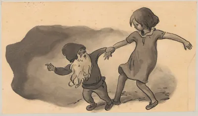 An Elf Tries To Pull A Little Girl Along With Him