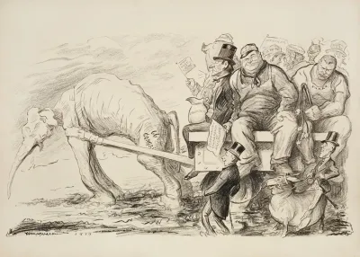 An Emaciated Republican Party Elephant Representing The G O P Congress Struggles To Pull A Wagon Full Of Large Men