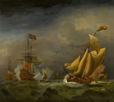An English Man O War Saluting An English Royal Yacht In Choppy Seas