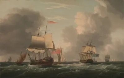 An English Two Decker Lying Hove To With Other Ships And Vessels In A Fresh Breeze