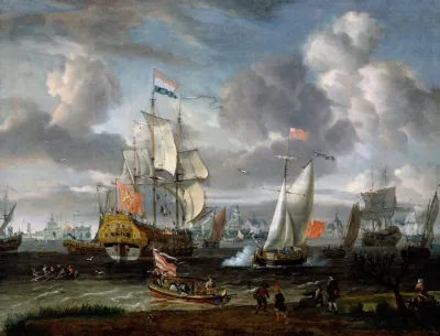 An English Yacht Saluting A Dutch Man Of War In The Port Of Rotterdam