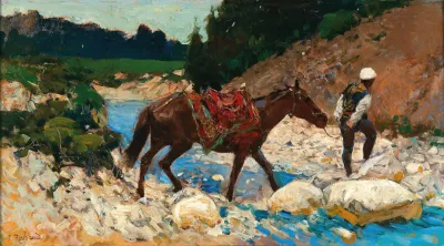 An Equestrian Crossing A Ford