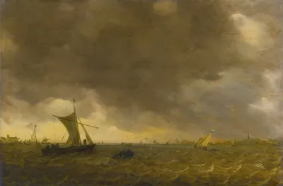 An Estuary Scene With The Onset Of A Squall And Weyschuits Lowering Their Sails
