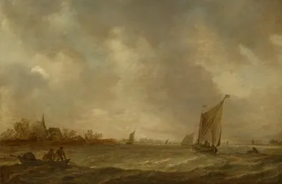 An Estuary With Fisherman And Shipping And A Church To The Left
