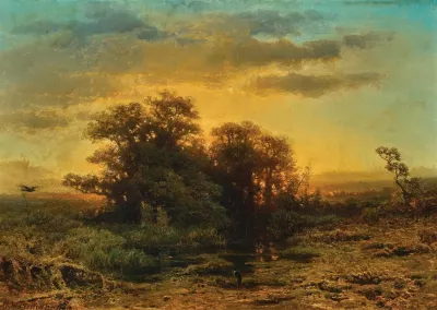 An Evening Landscape With A Stork