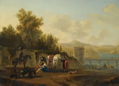 An Extensive Italianate River Landscape With Travellers Resting On A Path