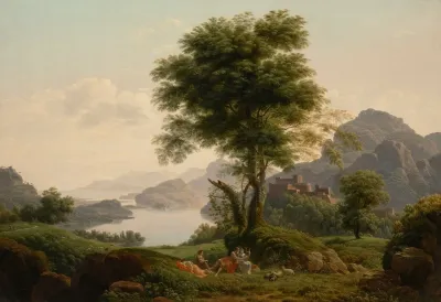 An Extensive Lake Landscape At Dawn With Orpheus And Eurydice A Castle Beyond