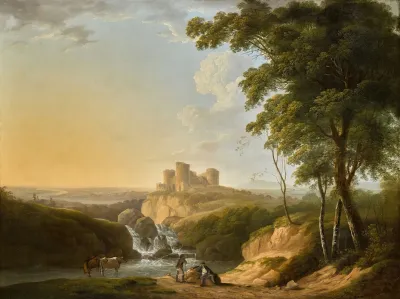 An Extensive Landscape With A View Of Chepstow Castle On A Hill Beyond