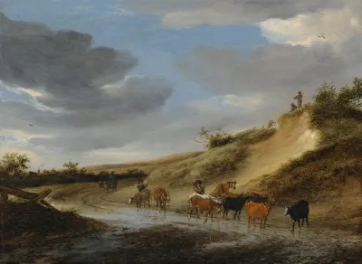An Extensive Landscape With Cattle And Their Herdsmen Following A Partly Flooded Country Road