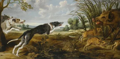 An Extensive Landscape With Three Hounds Surprising A Wild Boar And Its Young