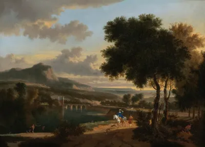 An Extensive Landscape With Travellers Fishermen And Cattle Drovers On A Path With A Roman Bridge Beyond
