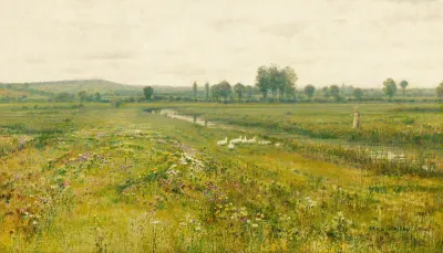 An Extensive Meadow Landscape With Geese By A Stream