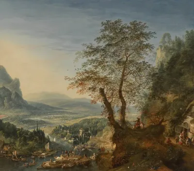 An Extensive Mosan Capriccio River Landscape With Moored Boats And Groups Of Figures