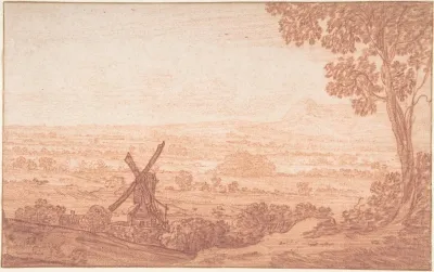 An Extensive Panoramic Landscape With A Windmill