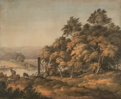 An Extensive River Landscape With Donkeys