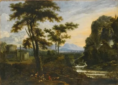 An Extensive River Landscape With Herders Resting In The Foreground A Fortification To The Left