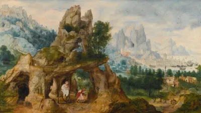 An Extensive Rocky Landscape With The Flight Into Egypt