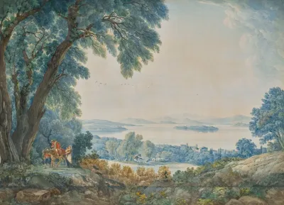 An Extensive View With A Lake Outside Rome Possibly Lake Bolsena With Figures