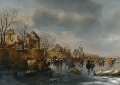 An Extensive Winter Landscape With Numerous Figures On The Ice