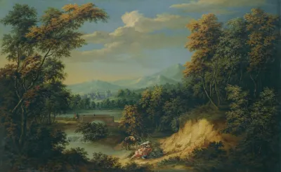 An Extensive Wooded River Landscape With Figures Resting In The Foreground Travellers Approaching A Walled City Beyond