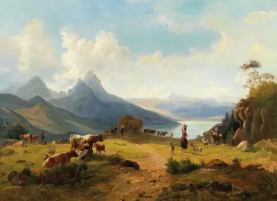 An Idyllic Mountain Landscape With A Herd Of Animals And Shepherds