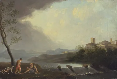 An Imaginary Italianate Landscape With Classical Figures And A Waterfall