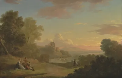 An Imaginary Landscape With A Traveller And Figures Overlooking The Bay Of Baiae