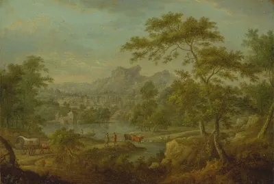 An Imaginary Landscape With A Wagon And A Distant View Of A Town
