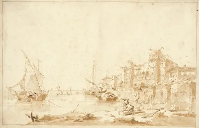 An Imaginary View Of A Venetian Lagoon With A Fortress By The Shore