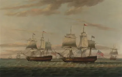 An Indiaman And A Two Decker Hove To Said To Be Thomas Dumar Esq In H M Ship Portland Deliveri