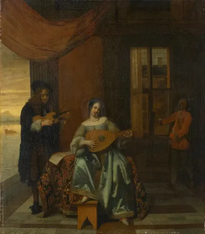 An Interior Scene With A Woman Playing A Lute And A Man Playing A Violin