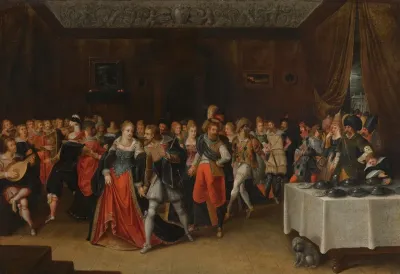 An Interior Scene With Elegant Figures At A Wedding