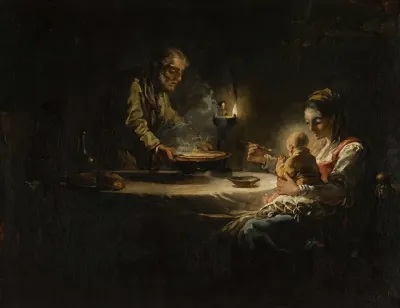 An Interior Scene With The Holy Family Dining