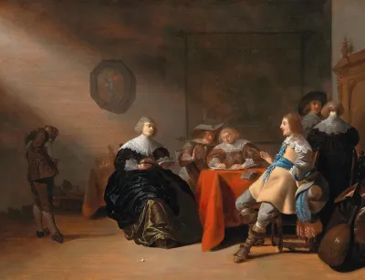 An Interior With A Company Conversing At A Table
