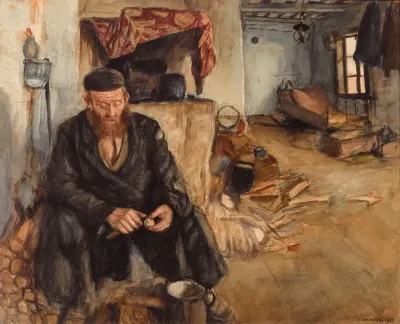 An Interior With A Man Peeling Potatoes